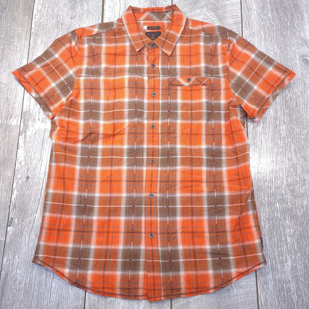 Prana Patras Shirt Mens Size Large Orange Plaid Slim Fit Button Up Short Sleeve